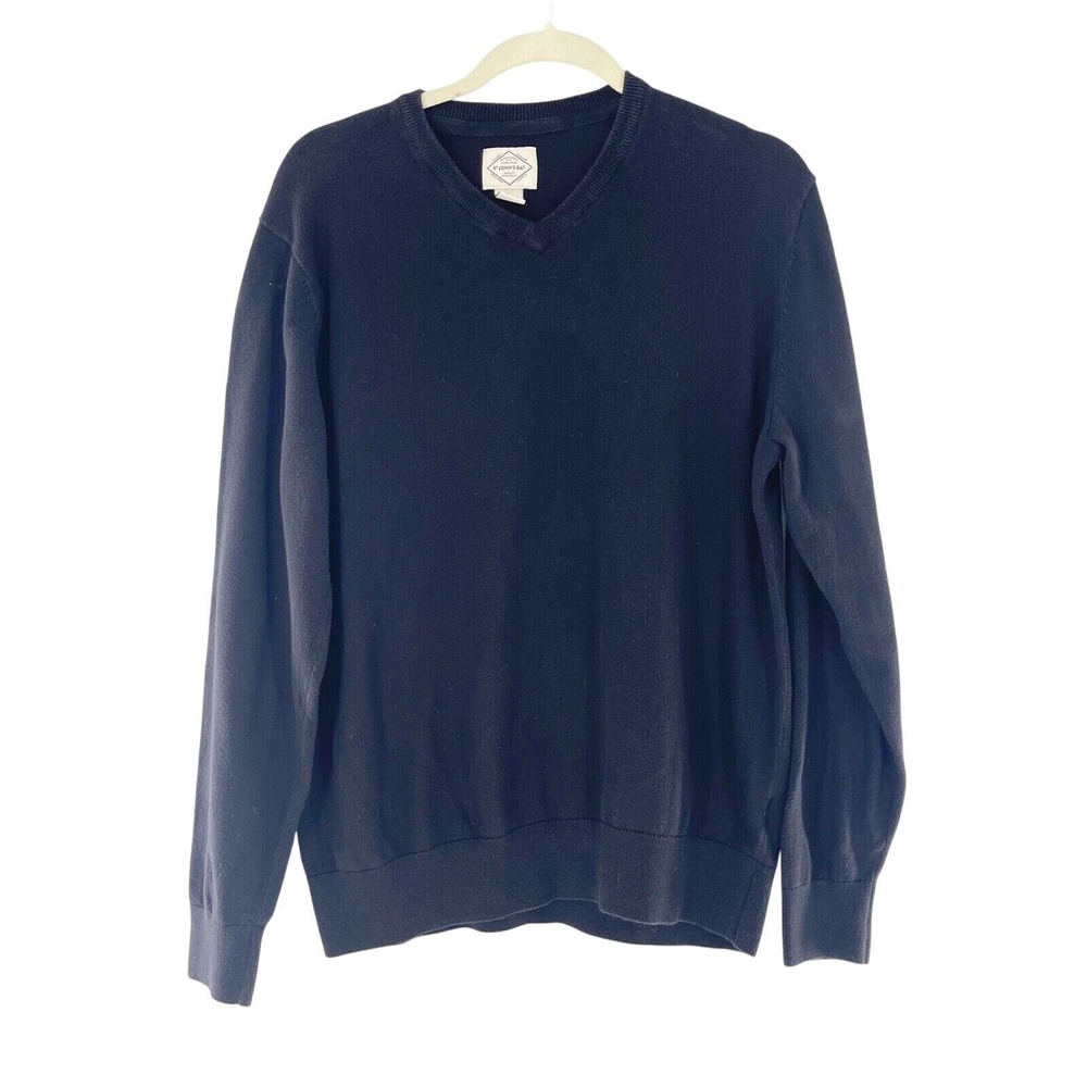 St. Johns Bay Black V-Neck Long Sleeve Sweater Mens L Cotton Grandpa Coastal